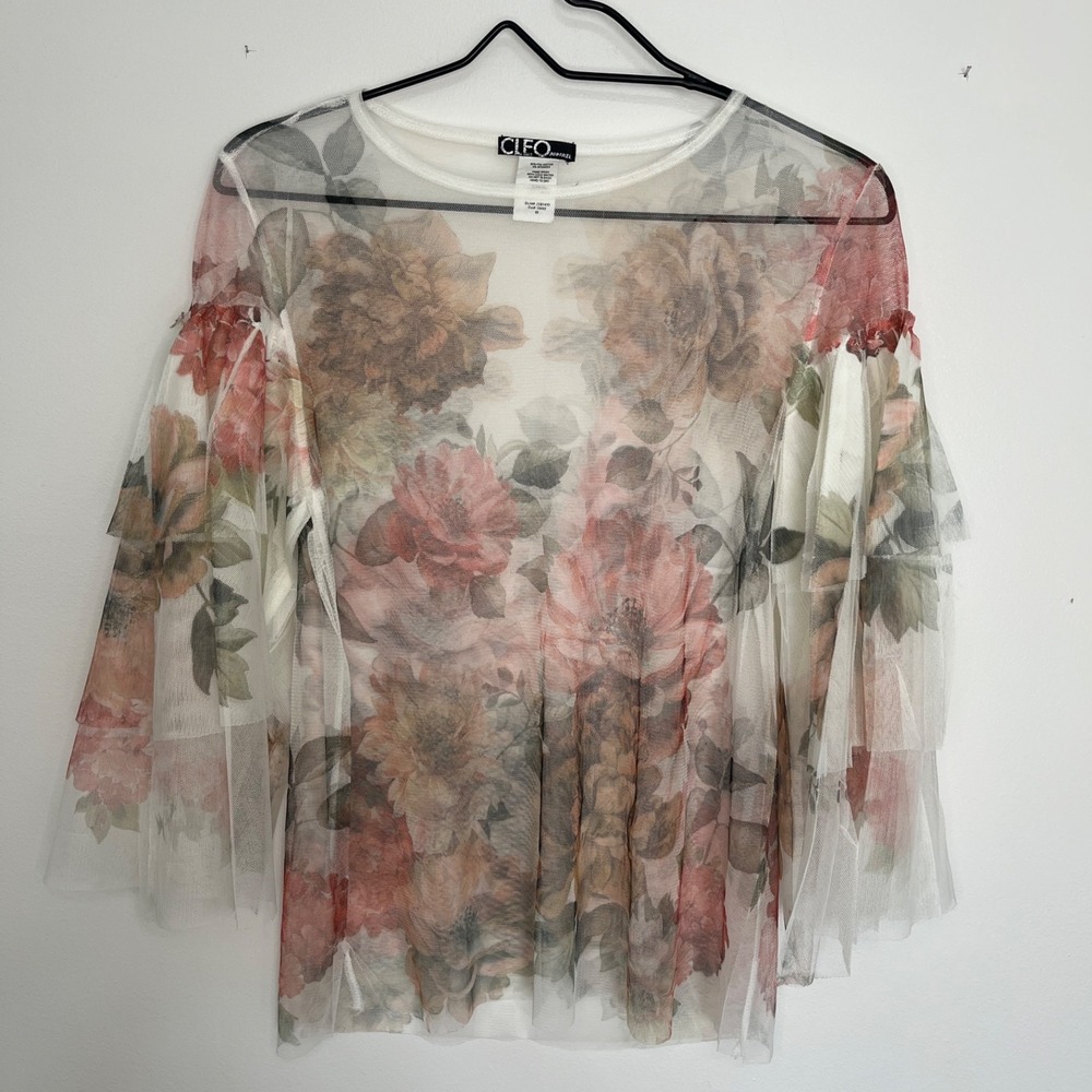 Cleo Floral Sheer Top Women's M Bell Sleeve Dainty Coquette Tiered Angel core